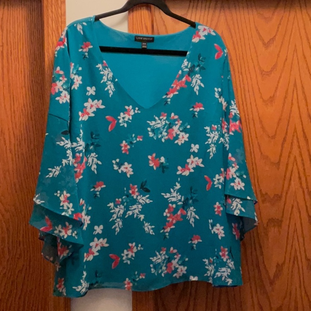 Turquoise Floral Blouse - 3/4 Length Sleeves